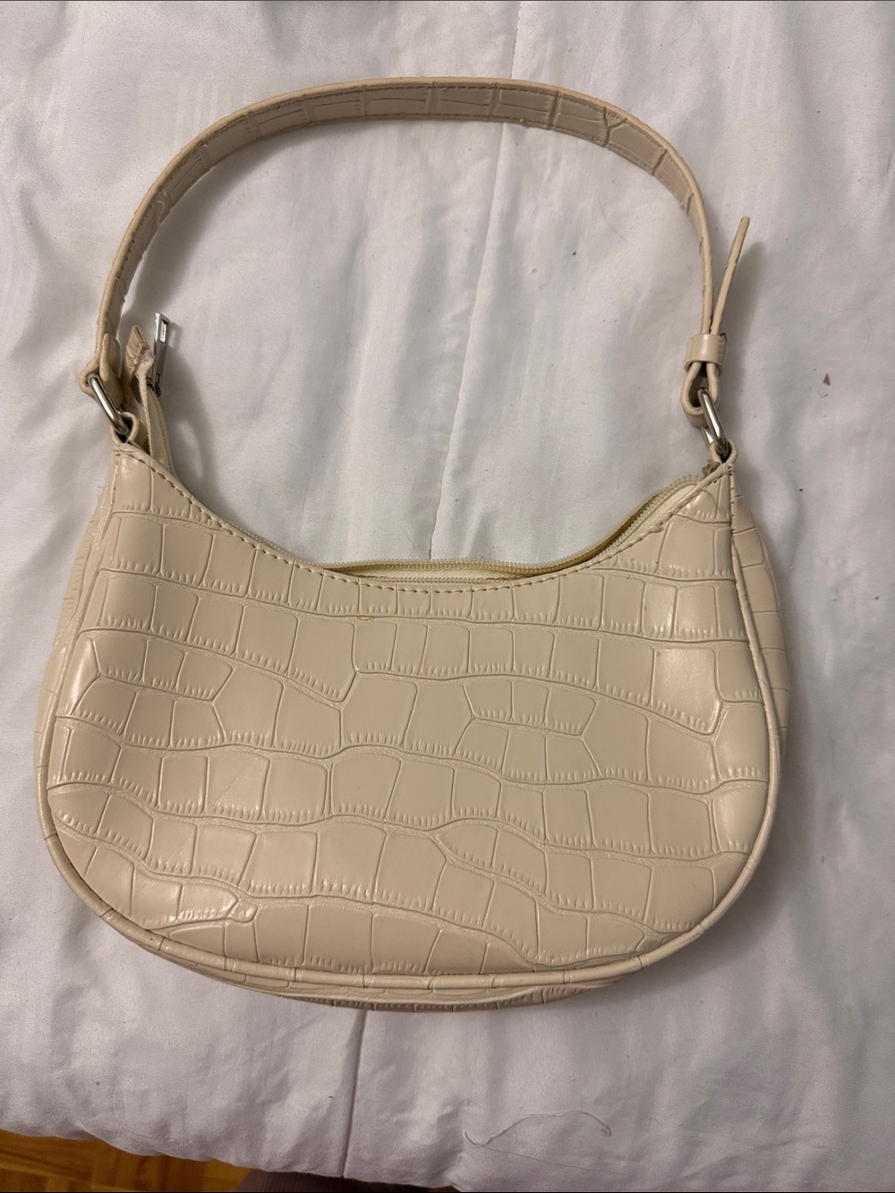Cream Croc-Embossed Shoulder Bag